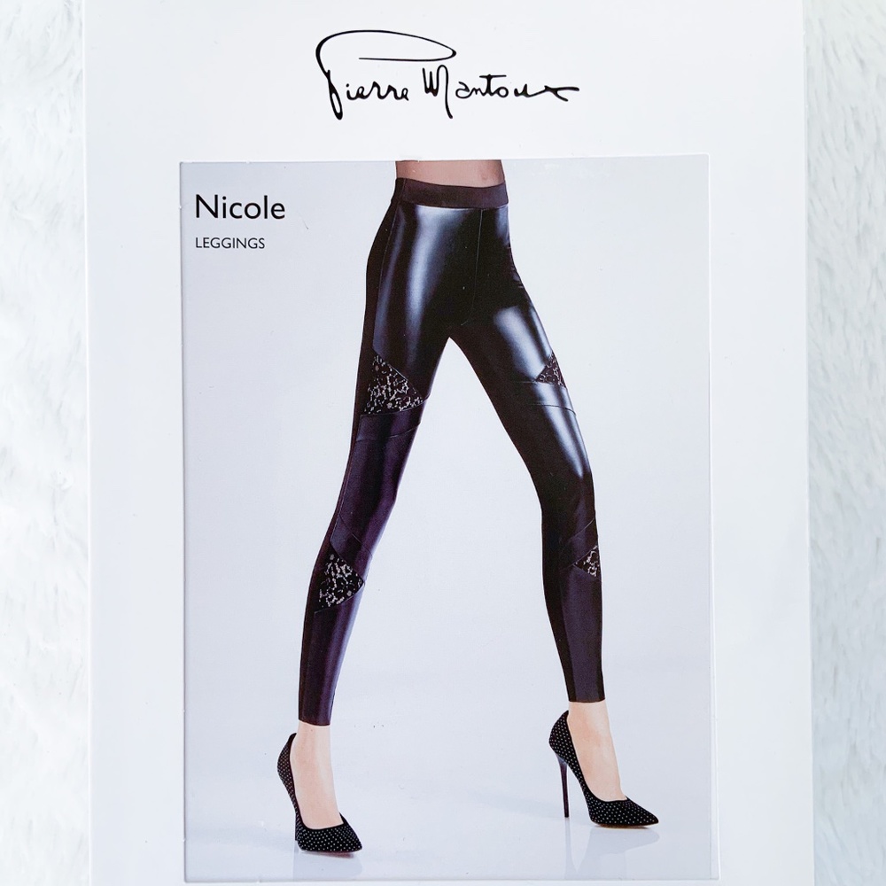Pierre Mantoux Vegan Leather Leggings Stretch Sexy Lace Inset Black L Ponte